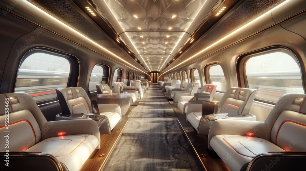 High-speed train interior with reclining seats, reading lights, overhead storage, premium travel. High-speed train interior with reclining seats, reading lights, overhead storage, premium travel.