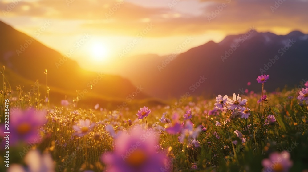 Fototapeta premium Sunset over a field of wildflowers