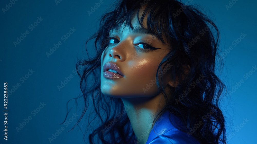 A magnetic non-binary model with long, wavy hair, wearing a sleek blue dress, standing on a royal blue background with a spotlight effect A magnetic non-binary model with long, wavy hair, wearing a sleek blue dress, standing on a royal blue background with a spotlight effect