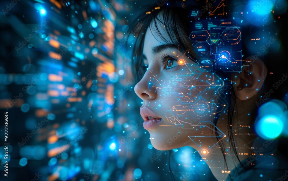 Woman working with virtual computer. Girl using modern computer surfing futuristic metaverse. Cyber world and digital data. Augmented reality, future innovative technology and programming concept Woman working with virtual computer. Girl using modern computer surfing futuristic metaverse. Cyber world and digital data. Augmented reality, future innovative technology and programming concept