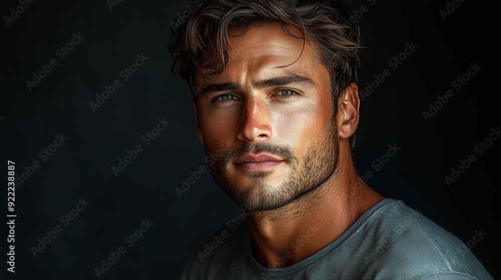 A confident male model with a clean-shaven face and short, dark hair, wearing a simple grey t-shirt and jeans, posing on a dark grey background A confident male model with a clean-shaven face and short, dark hair, wearing a simple grey t-shirt and jeans, posing on a dark grey background