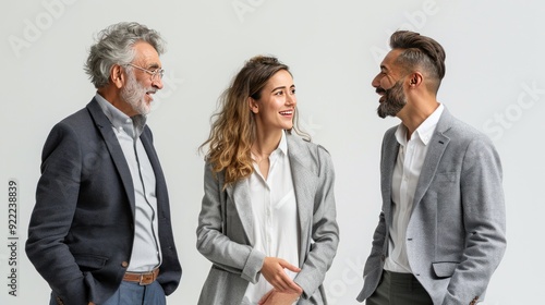 Two businessmen and a businesswoman in casual conversation, smiling, gesturing, full-body, white background. photo