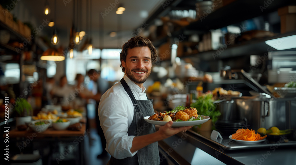 In a restaurant setting, a well-groomed, friendly male waiter attentively serves food from a tray, embodying professionalism and a welcoming demeanor.
In a restaurant setting, a well-groomed, friendly male waiter attentively serves food from a tray, embodying professionalism and a welcoming demeanor.