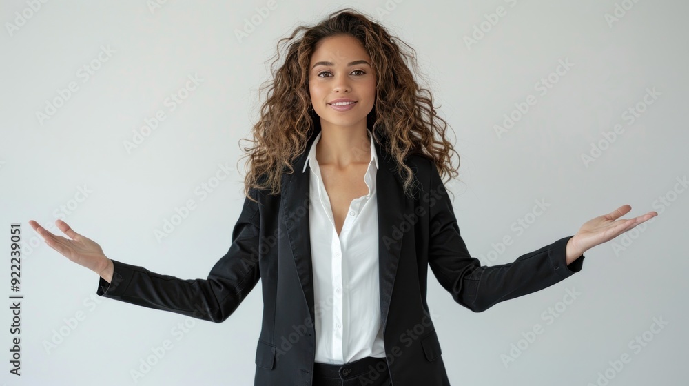 Businesswoman standing with arms open, presenting, welcoming, white background. Businesswoman standing with arms open, presenting, welcoming, white background.