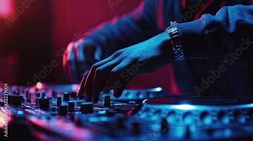 A close-up of a DJ mixing tracks on a turntable, with headphones on and the focus on his hands, creating beats in a dimly lit club environment.