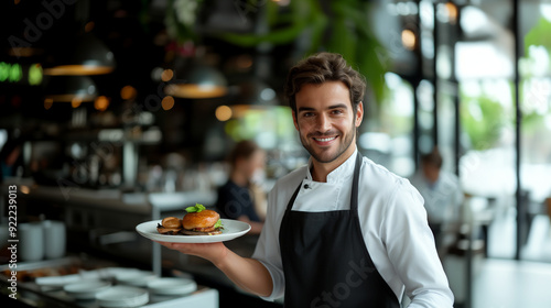 A professional and friendly male waiter, well-groomed and smiling, carefully serves food from a tray in a restaurant, emphasizing his attentive service.