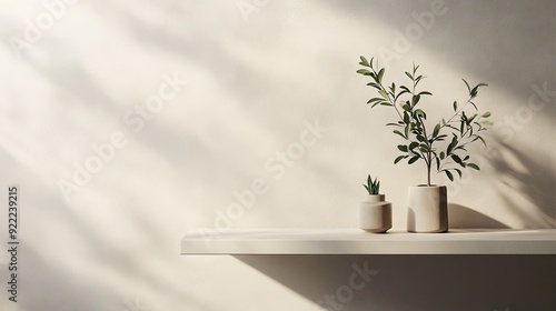 Wallpaper Mural A close-up of a minimalist wall with a single shelf holding a small plant and a few carefully chosen decorative objects, set against a soft, neutral background. Torontodigital.ca