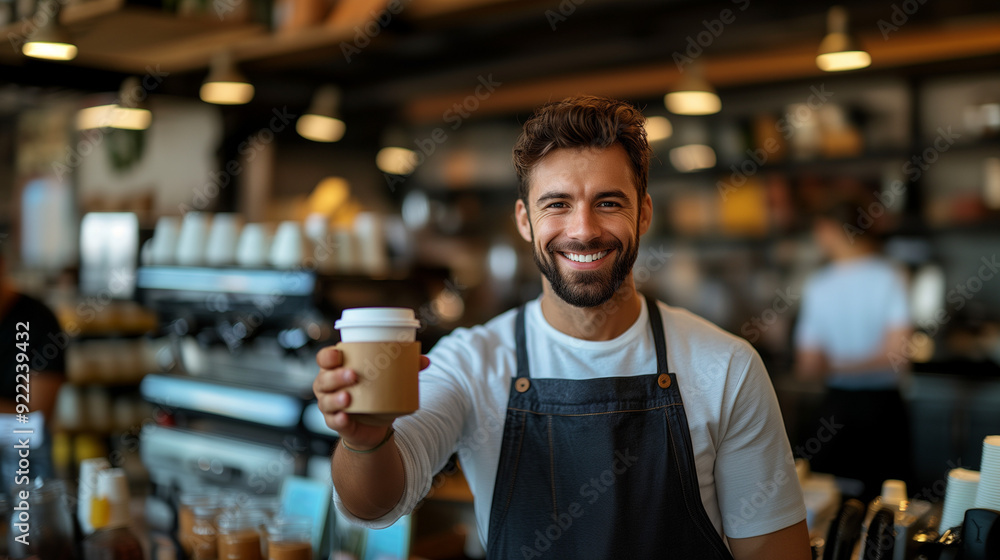 A barista delivers a coffee cup to a customer with a friendly smile, the cup prominently displayed, highlighting excellent service and customer care.
A barista delivers a coffee cup to a customer with a friendly smile, the cup prominently displayed, highlighting excellent service and customer care.