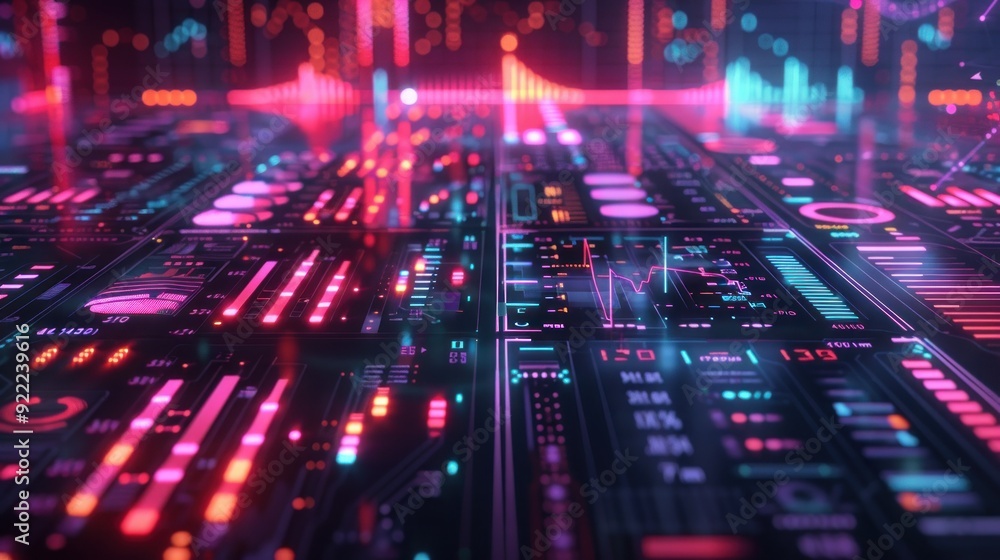 Tech background with data analytics charts and graphs on a digital grid, neon accents, modern design. Tech background with data analytics charts and graphs on a digital grid, neon accents, modern design.