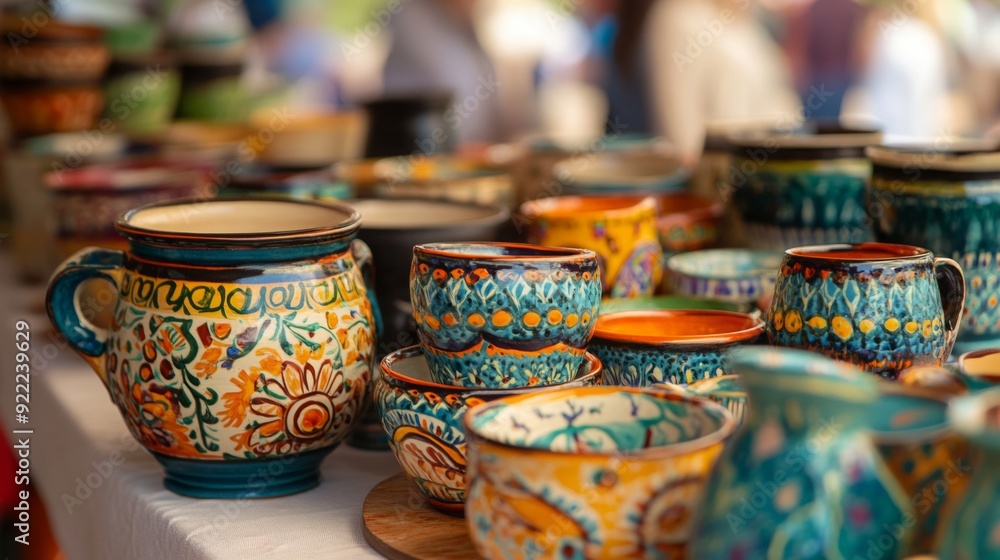 Brightly colored pottery featuring intricate designs is set out for sale at a bustling artisan market. Brightly colored pottery featuring intricate designs is set out for sale at a bustling artisan market.