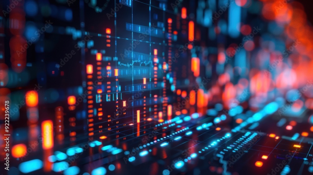 Advanced tech background with 3D data analytics charts, deep blue background, highlighted data points. Advanced tech background with 3D data analytics charts, deep blue background, highlighted data points.