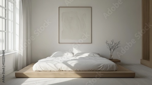 Wallpaper Mural A cozy minimalist bedroom with a white wall as the backdrop, featuring a low platform bed with crisp white bedding and a single piece of art above the bed. Torontodigital.ca