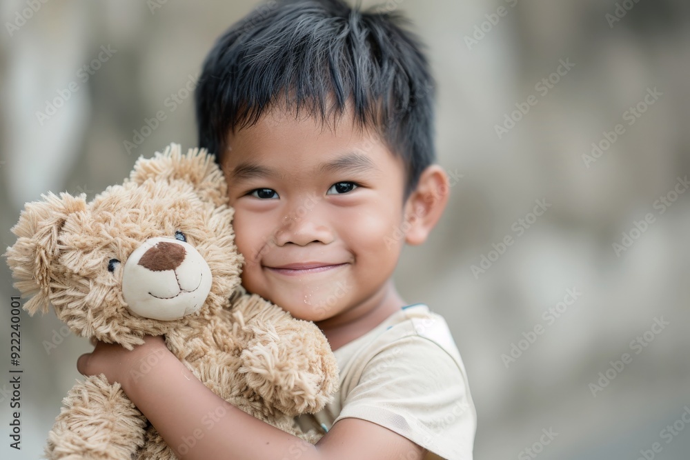 A happy young boy gently holds his cherished teddy bear, emanating warmth and comfort while set against a softly blurred, neutral background that enhances the focus on his joyful face. A happy young boy gently holds his cherished teddy bear, emanating warmth and comfort while set against a softly blurred, neutral background that enhances the focus on his joyful face.