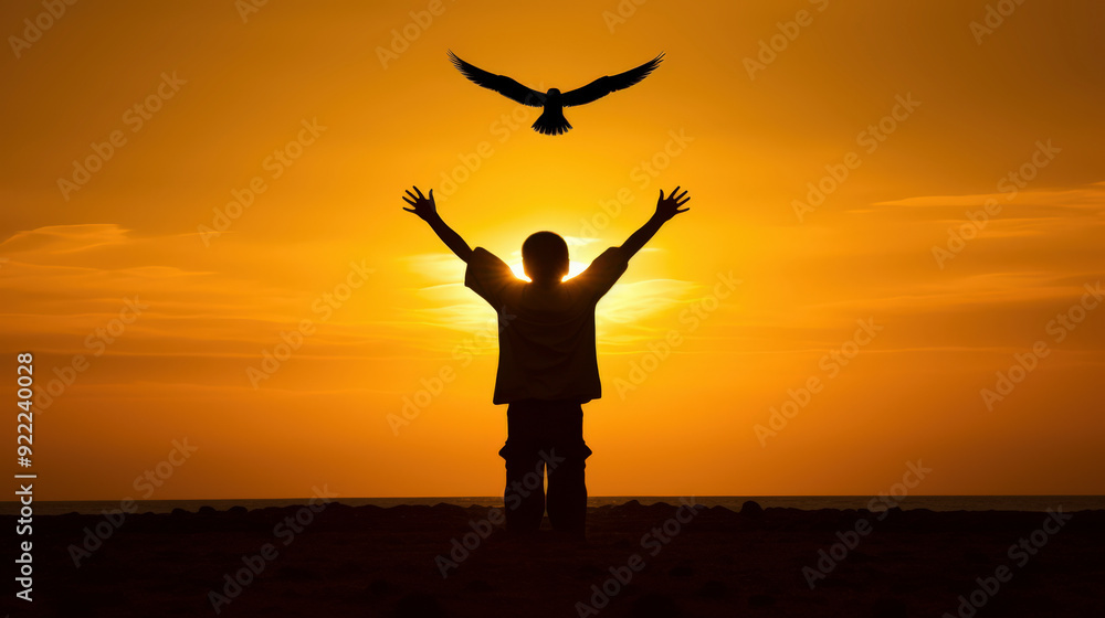 Child reaches for a bird at sunset on the beach Child reaches for a bird at sunset on the beach
