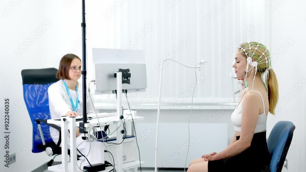 A nurse carefully attaches EEG sensors to a patient's head in preparation for a scan of brain activity. Ideal for illustrating modern medical diagnostics and healthcare technology. A nurse carefully attaches EEG sensors to a patient's head in preparation for a scan of brain activity. Ideal for illustrating modern medical diagnostics and healthcare technology.