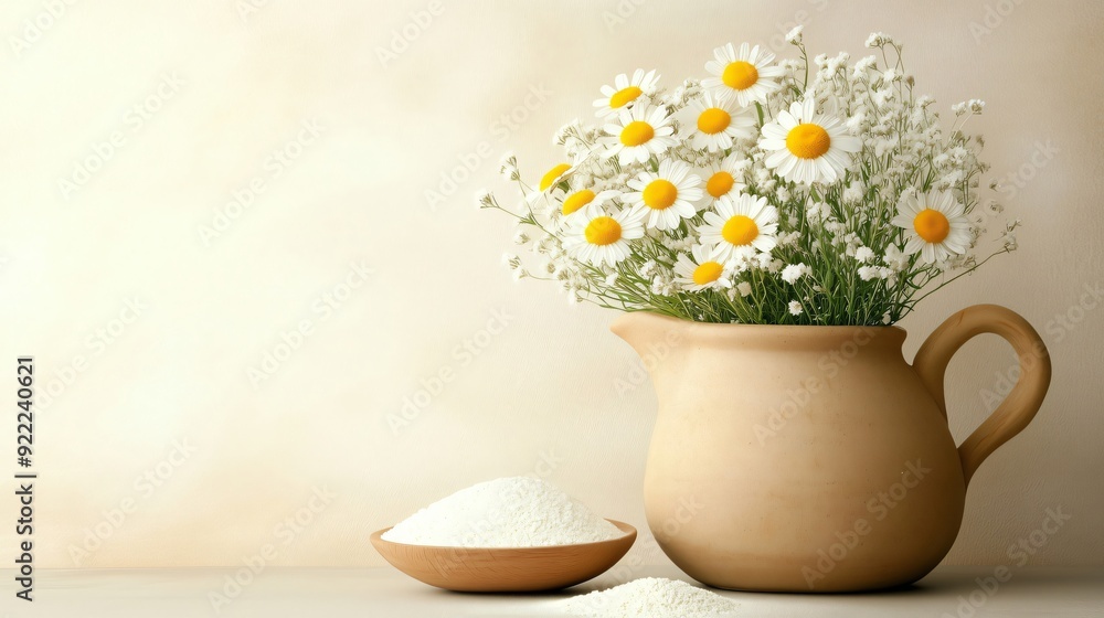 Bouquet of fresh daisies is standing in a rustic clay jug next to a bowl of collagen powder, suggesting a natural approach to beauty and skincare Bouquet of fresh daisies is standing in a rustic clay jug next to a bowl of collagen powder, suggesting a natural approach to beauty and skincare
