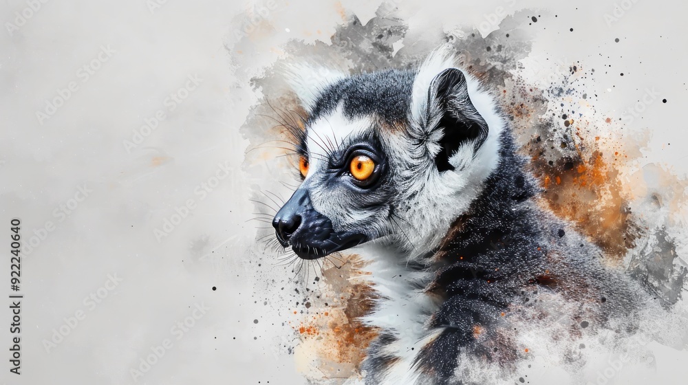 Fototapeta premium A curious lemur in detailed watercolor, showcasing its facial features and fur. The white background enhances its elegance.