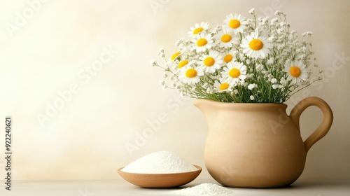 Wallpaper Mural Bouquet of fresh daisies is standing in a rustic clay jug next to a bowl of collagen powder, suggesting a natural approach to beauty and skincare Torontodigital.ca