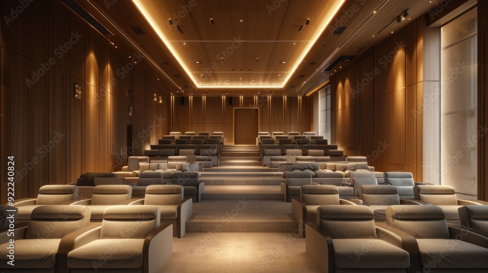 Spacious and bright auditorium with light gray linen chairs, modern design, high-quality finishes, ambient lighting, elegance. Spacious and bright auditorium with light gray linen chairs, modern design, high-quality finishes, ambient lighting, elegance.