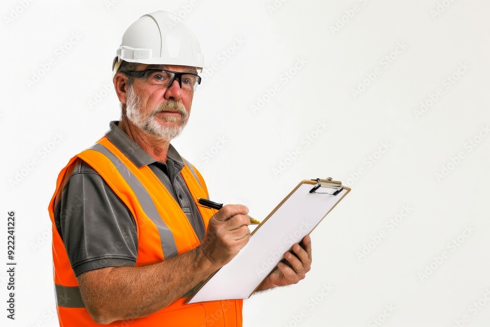 An inspector wearing a white helmet and orange safety vest is examining notes on a clipboard with a pen, representing meticulous attention to detail in professional work. An inspector wearing a white helmet and orange safety vest is examining notes on a clipboard with a pen, representing meticulous attention to detail in professional work.