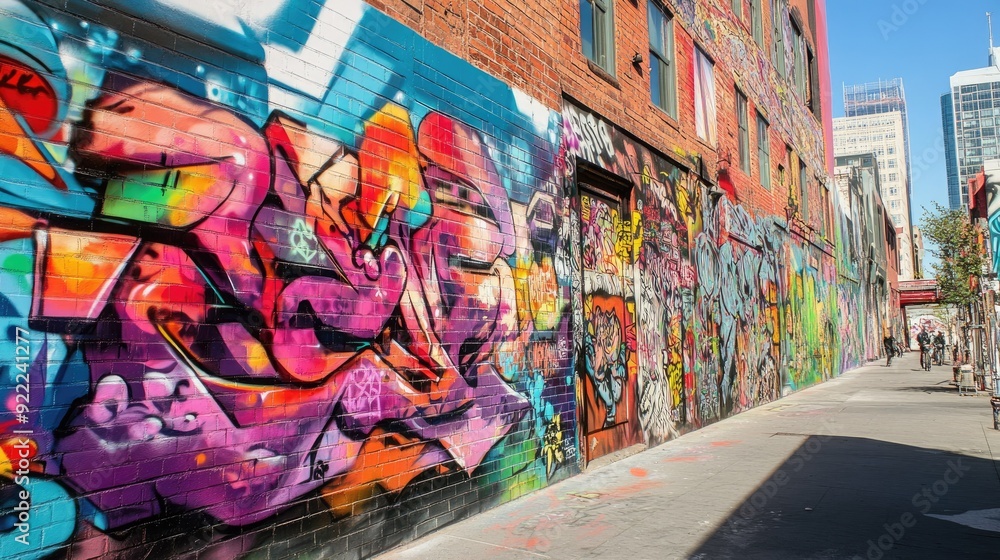 Fototapeta premium A vibrant graffiti mural covering an entire wall, featuring bold colors, intricate designs, and urban street culture elements in a bustling city setting.