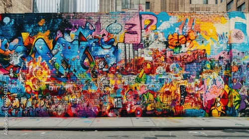 A vibrant graffiti mural covering an entire wall, featuring bold colors, intricate designs, and urban street culture elements in a bustling city setting.