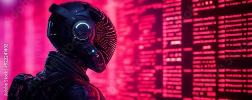 A futuristic figure in a high-tech helmet stands before a glowing digital wall, embodying advanced technology and innovation.