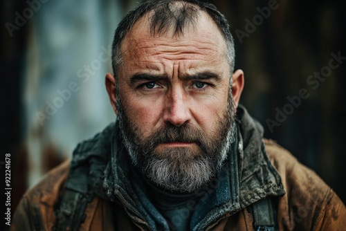 A bearded man in rugged clothing, looking directly at the camera with a serious and intense gaze, the texture of his attire complementing the rough backdrop.