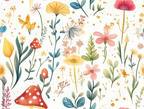 seamless pattern, Kawaii enchanted garden with magical creatures like fairies