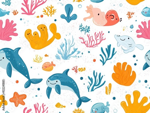 seamless pattern, Kawaii underwater kingdom with smiling sea creatures like dolphins