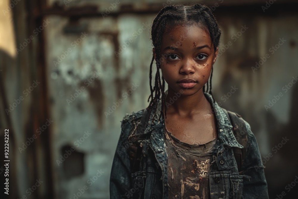 A young girl with braids, wearing dirt-stained clothes, stands against a rustic background with a serious, thoughtful expression, reflecting innocence amidst hardship. A young girl with braids, wearing dirt-stained clothes, stands against a rustic background with a serious, thoughtful expression, reflecting innocence amidst hardship.