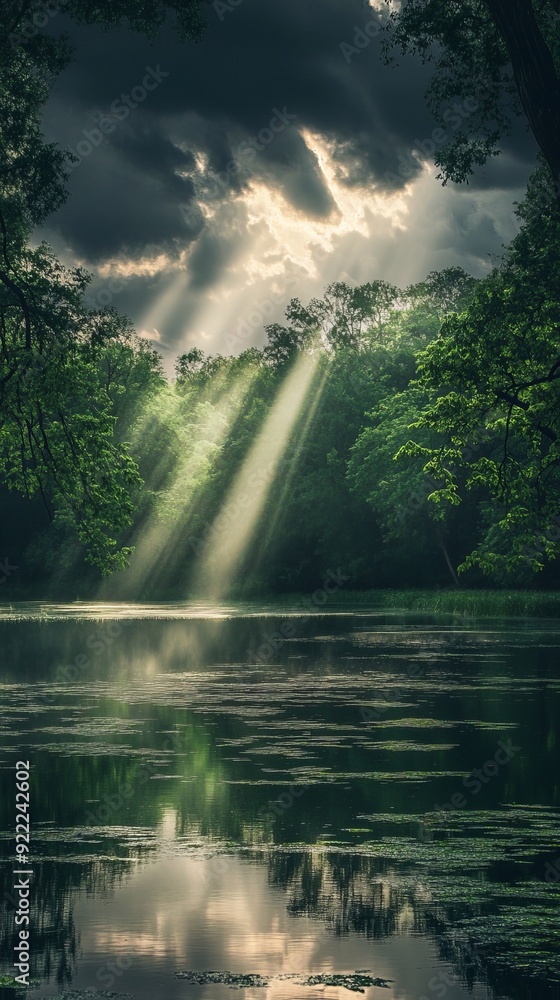Sunlight breaking through dark clouds over tranquil lake Sunlight breaking through dark clouds over tranquil lake