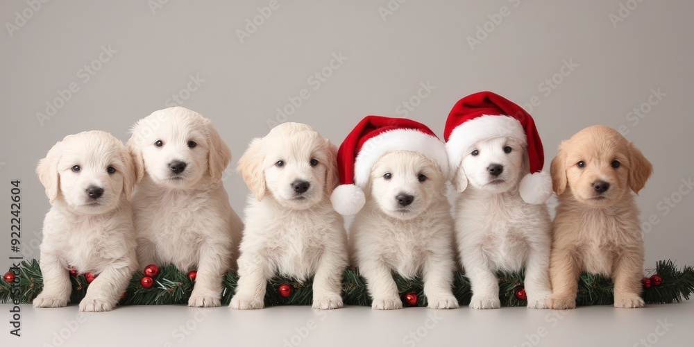 Super cute puppies wearing Santa hats and wrapped in garland sit in a ...