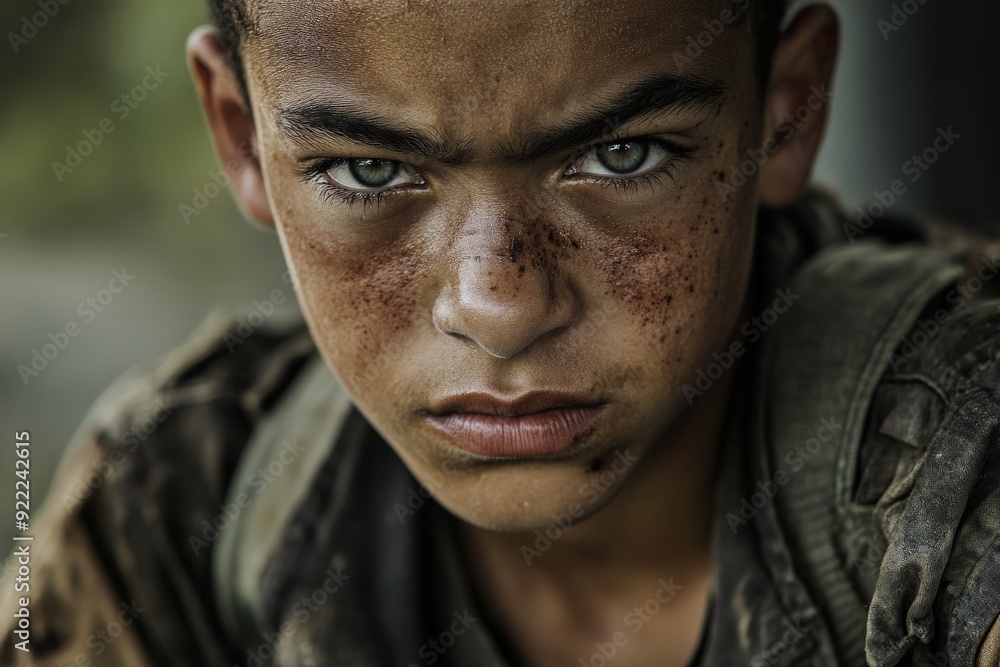 A stern young boy with dirt on his face stares intensely at the camera, amidst a dingy, war-torn environment, embodying toughness and resilience. A stern young boy with dirt on his face stares intensely at the camera, amidst a dingy, war-torn environment, embodying toughness and resilience.