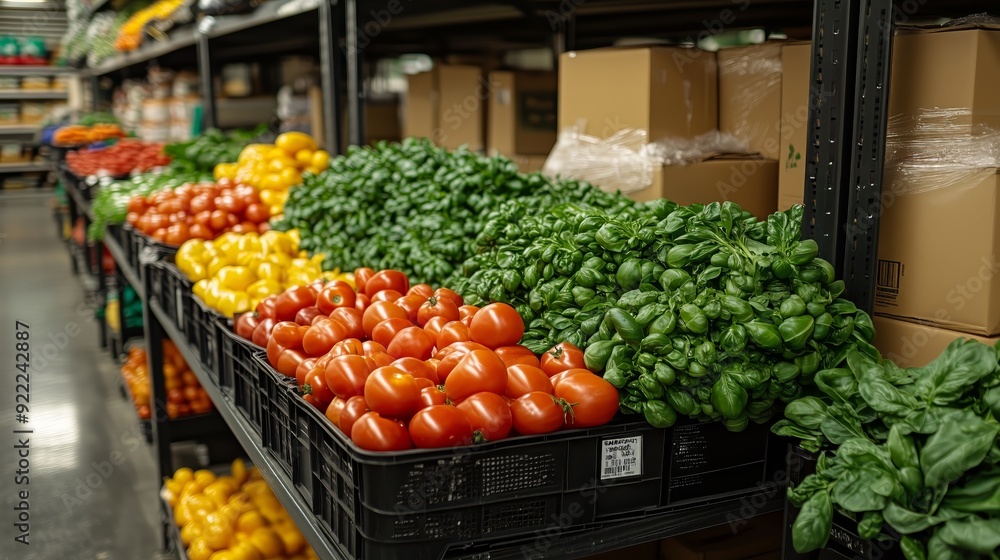 An assortment of fresh vegetables including ripe red and yellow tomatoes, green leafy vegetables, and other produce neatly organized on shelves in a warehouse or grocery store setting An assortment of fresh vegetables including ripe red and yellow tomatoes, green leafy vegetables, and other produce neatly organized on shelves in a warehouse or grocery store setting