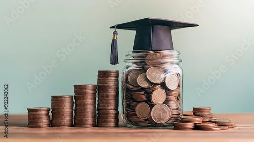 Wallpaper Mural Building a Bright Future: Symbolic Image of Educational Investment with Gradually Growing Coin Stack and Graduation Cap on Savings Jar Torontodigital.ca
