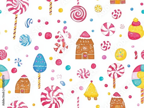 seamless pattern, Kawaii candy land with smiling lollipops