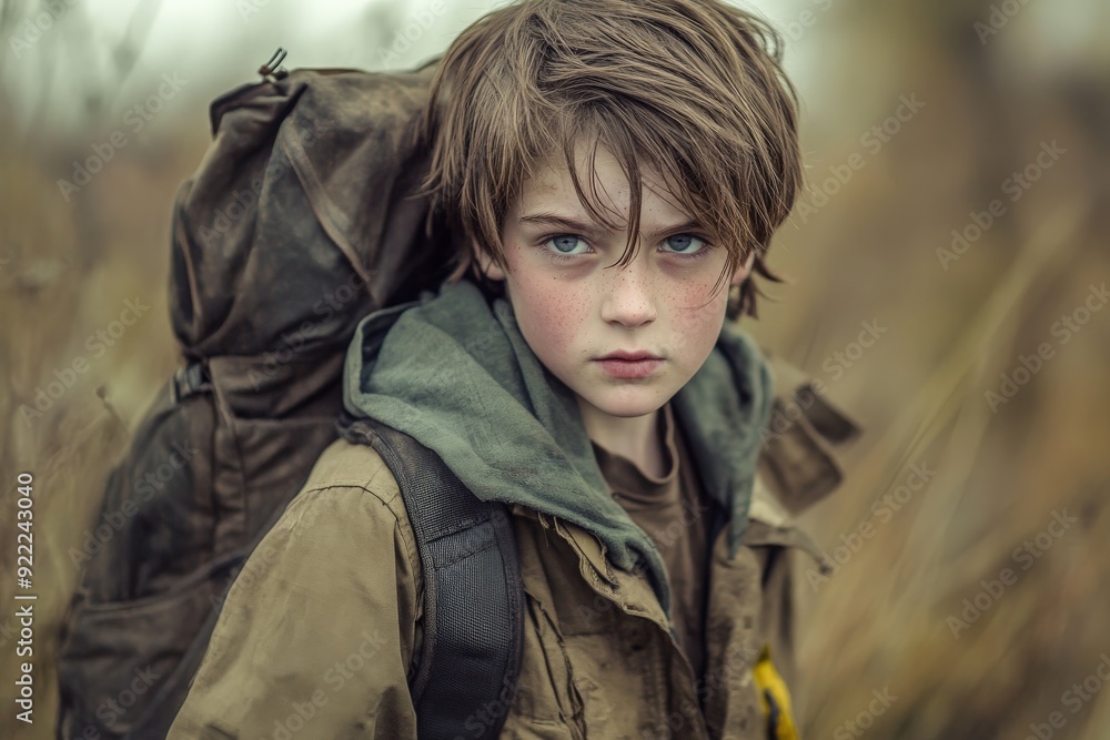A determined young boy with a backpack standing in a deserted natural landscape, showcasing endurance, a sense of survival, and the readiness to face challenges. A determined young boy with a backpack standing in a deserted natural landscape, showcasing endurance, a sense of survival, and the readiness to face challenges.