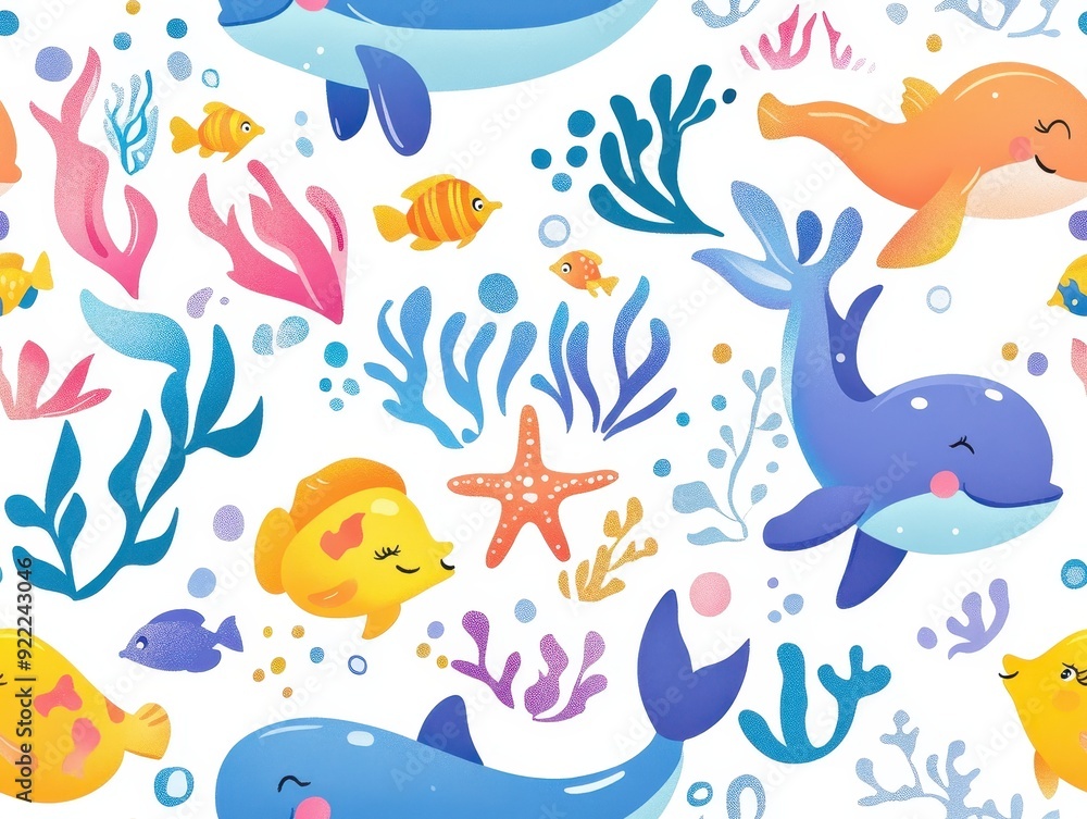 seamless pattern, Kawaii underwater party with smiling fish seamless pattern, Kawaii underwater party with smiling fish