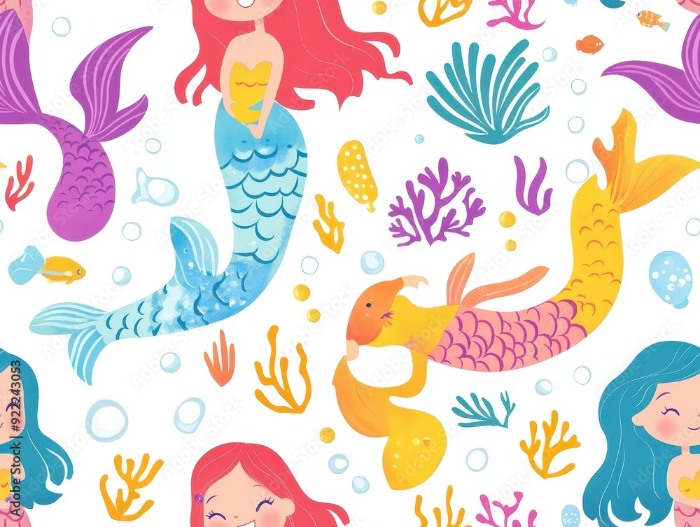 seamless pattern, Kawaii mermaids with shimmering tails and friendly faces seamless pattern, Kawaii mermaids with shimmering tails and friendly faces