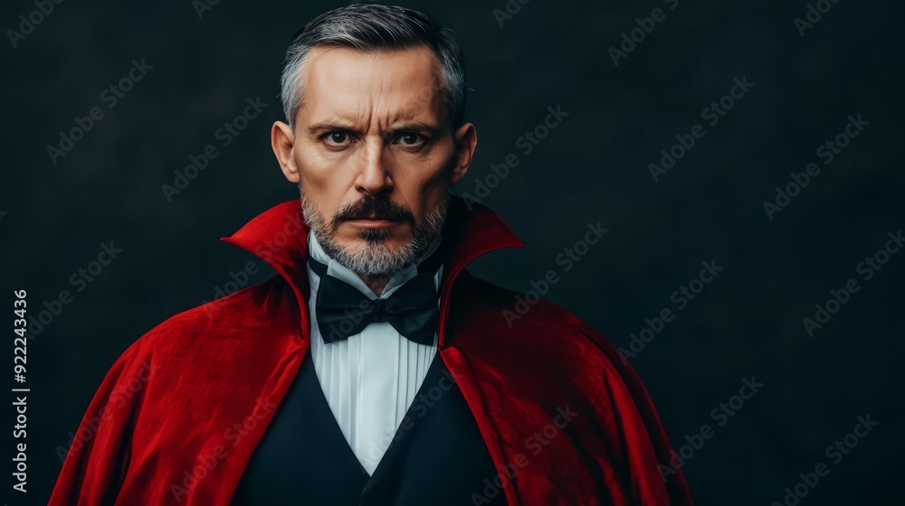 Fototapeta premium Mysterious man wearing a red cape and bow tie, evoking classic horror themes with an intense gaze against a dark background.