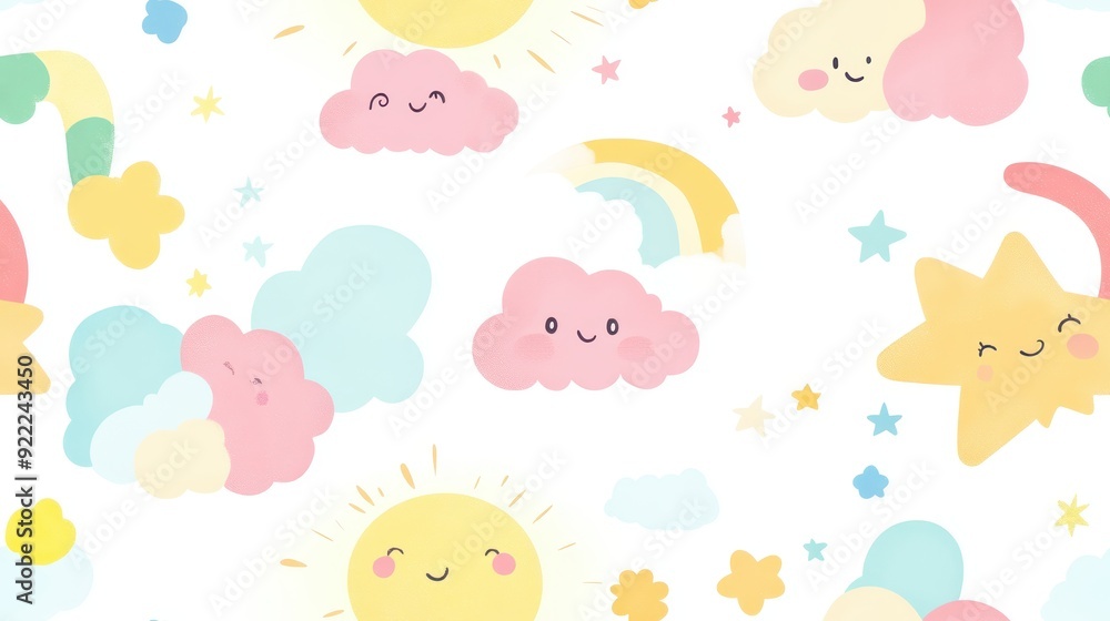 seamless pattern, Fluffy kawaii clouds shaped like animals and sweets