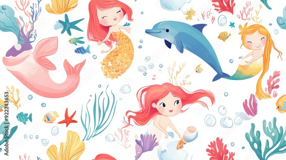 Fototapeta premium seamless pattern, Kawaii undersea tea party with smiling mermaids