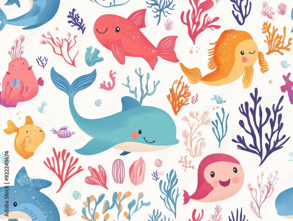 seamless pattern, Kawaii underwater party with smiling fish seamless pattern, Kawaii underwater party with smiling fish