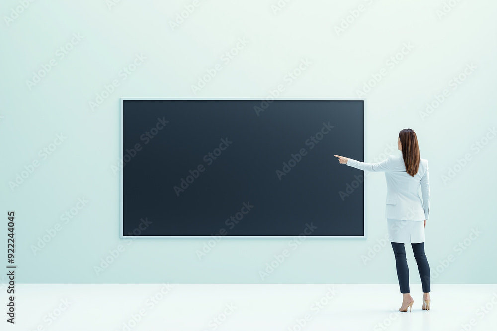 A businesswoman in a white suit pointing at a large blank screen in a minimalist room, representing corporate presentations or educational settings, with ample copy space. A businesswoman in a white suit pointing at a large blank screen in a minimalist room, representing corporate presentations or educational settings, with ample copy space.