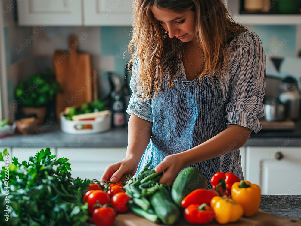 Woman in a kitchen apron selecting fresh vegetables, including tomatoes, cucumbers, and bell peppers, from a countertop filled with organic produce, symbolizing healthy cooking and organic lifestyle. Woman in a kitchen apron selecting fresh vegetables, including tomatoes, cucumbers, and bell peppers, from a countertop filled with organic produce, symbolizing healthy cooking and organic lifestyle.