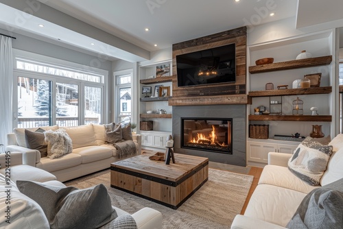 Wallpaper Mural Modernist Living Room with Large Windows, Fireplace, Sofa Chairs, Snow-Covered California Forest View, Flat-Screen TV Torontodigital.ca