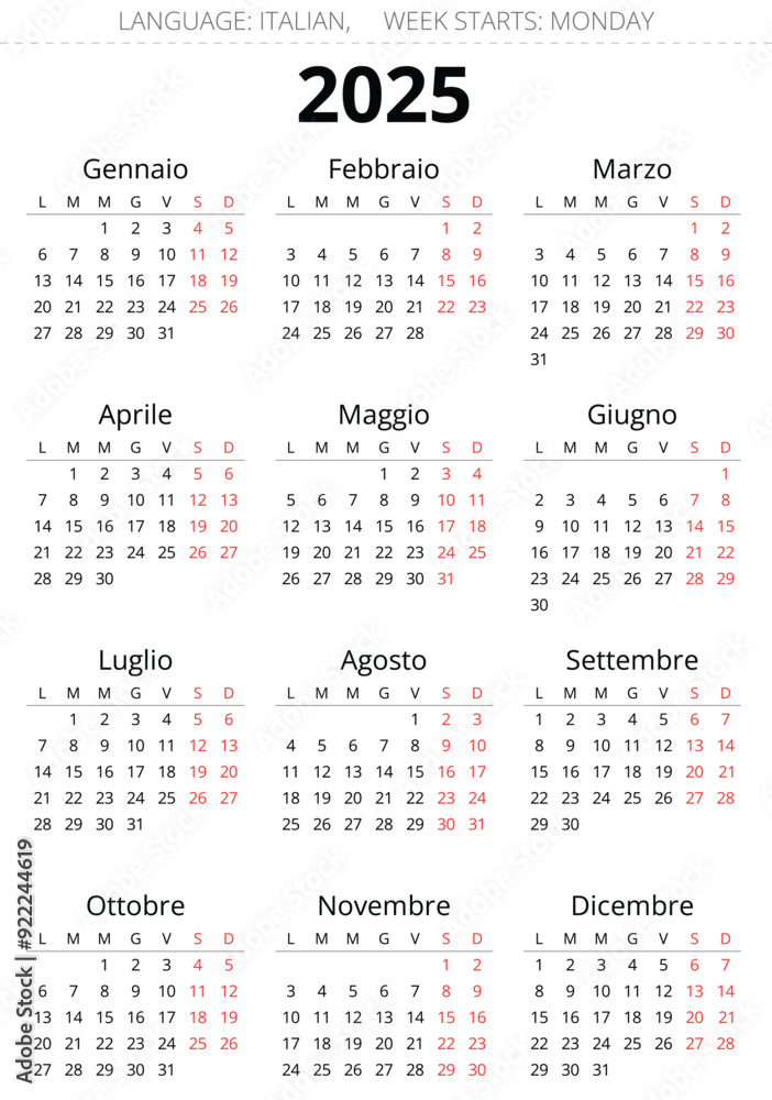 2025 year italian calendar. Printable vector illustration for Italy 2025 year italian calendar. Printable vector illustration for Italy
