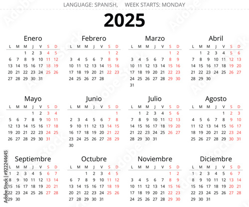 2025 year spanish calendar. Printable vector illustration for Spain