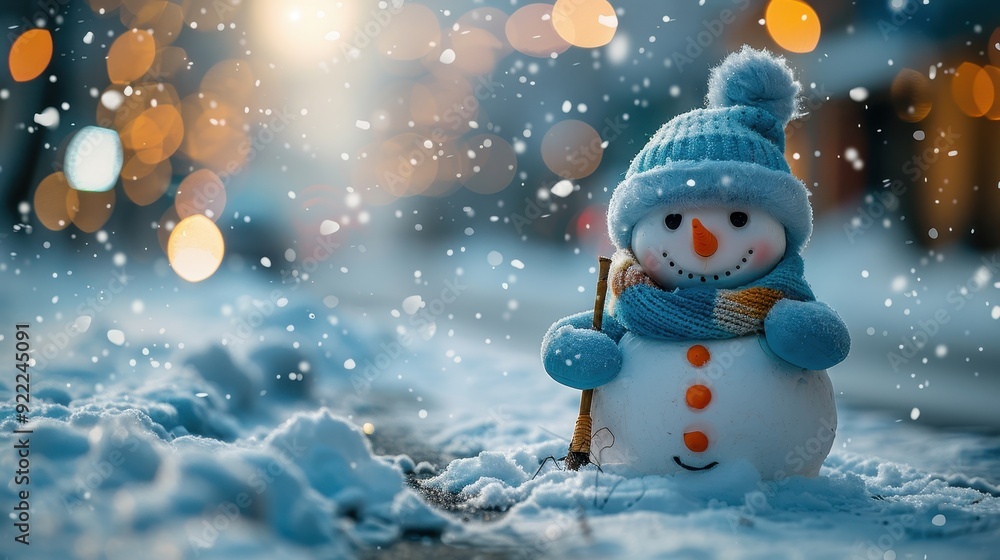 A Snowman Standing In The Snow With A Blue Hat And Scarf